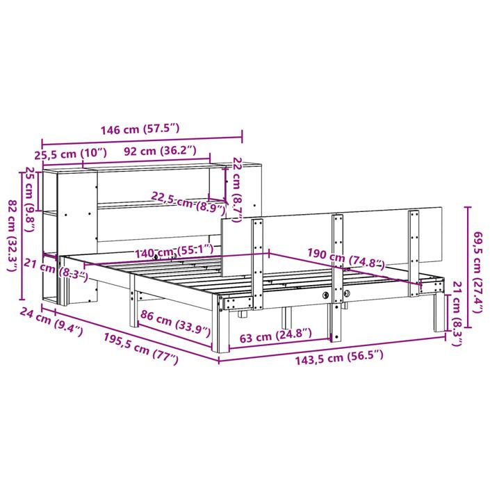 Lit bibliothèque sans matelas blanc 140x190 cm bois pin massif - Photo n°11