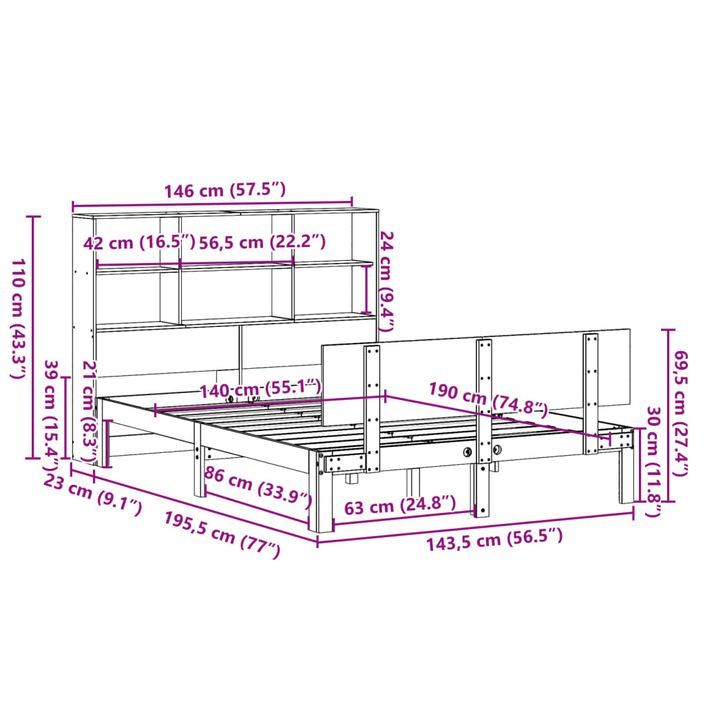 Lit bibliothèque sans matelas blanc 140x190 cm bois pin massif - Photo n°11