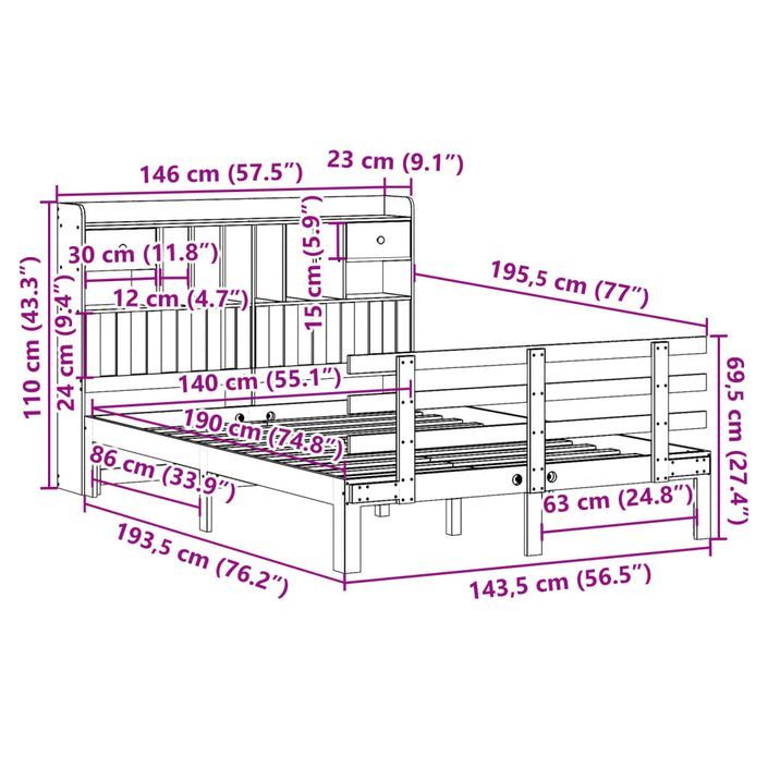 Lit bibliothèque sans matelas blanc 140x190 cm bois pin massif - Photo n°11