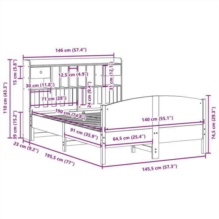 Lit bibliothèque sans matelas blanc 140x190 cm bois pin massif - Photo n°11