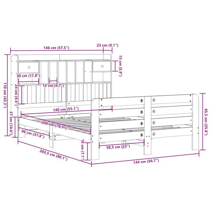 Lit bibliothèque sans matelas blanc 140x200 cm bois pin massif - Photo n°11