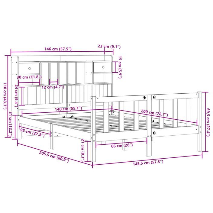 Lit bibliothèque sans matelas blanc 140x200 cm bois pin massif - Photo n°11