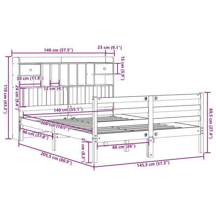 Lit bibliothèque sans matelas blanc 140x200 cm bois pin massif - Photo n°11