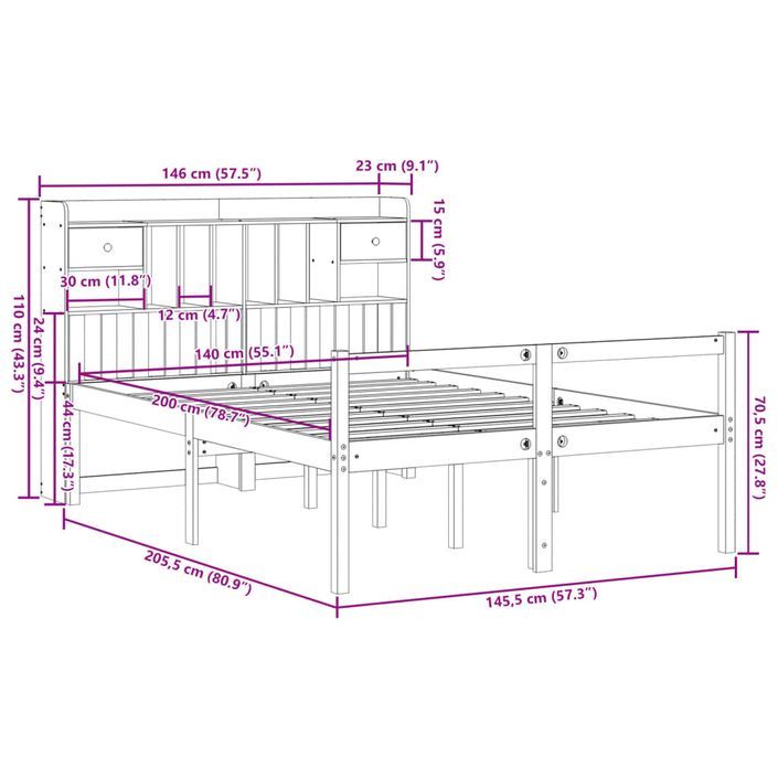 Lit bibliothèque sans matelas blanc 140x200 cm bois pin massif - Photo n°11