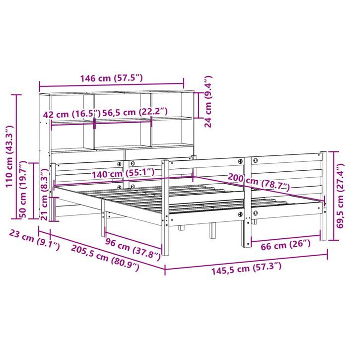 Lit bibliothèque sans matelas blanc 140x200 cm bois pin massif - Photo n°11