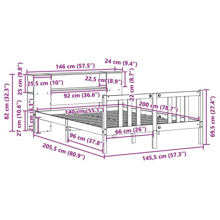 Lit bibliothèque sans matelas blanc 140x200 cm bois pin massif - Photo n°11