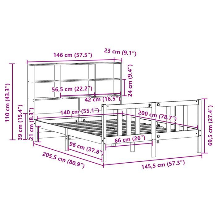 Lit bibliothèque sans matelas blanc 140x200 cm bois pin massif - Photo n°11