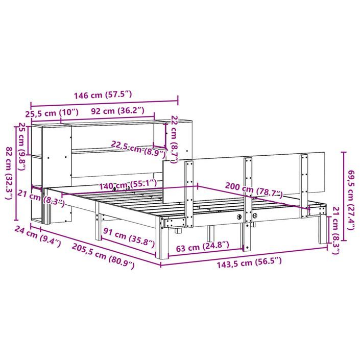 Lit bibliothèque sans matelas blanc 140x200 cm bois pin massif - Photo n°11