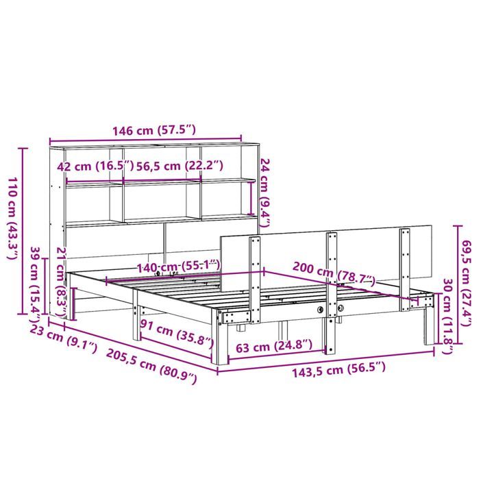 Lit bibliothèque sans matelas blanc 140x200 cm bois pin massif - Photo n°11