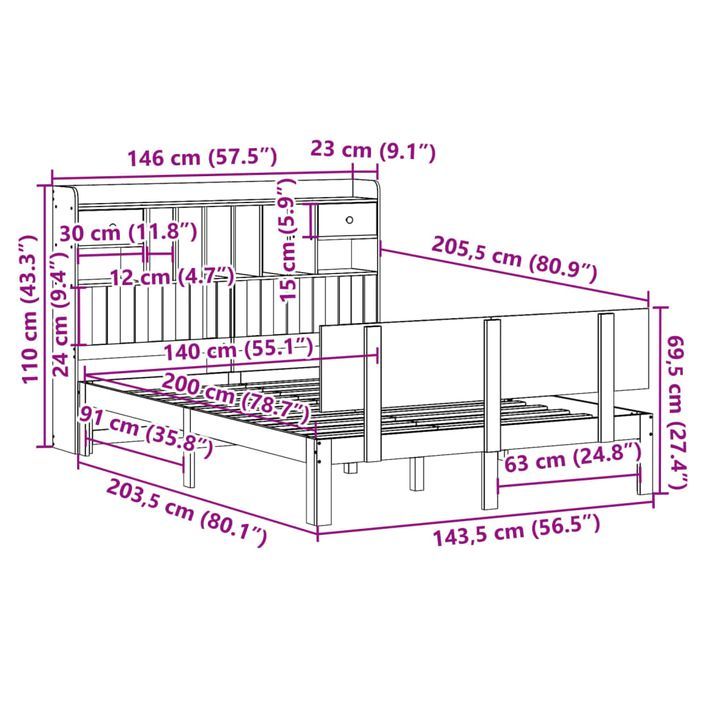 Lit bibliothèque sans matelas blanc 140x200 cm bois pin massif - Photo n°11