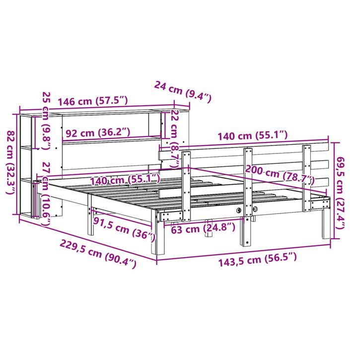 Lit bibliothèque sans matelas blanc 140x200 cm bois pin massif - Photo n°11