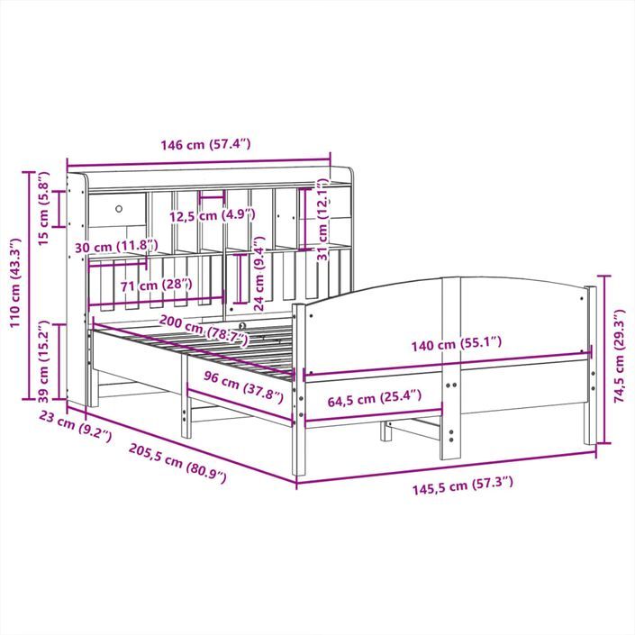 Lit bibliothèque sans matelas blanc 140x200 cm bois pin massif - Photo n°11