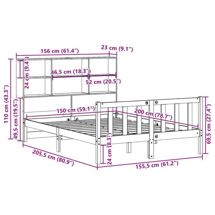 Lit bibliothèque sans matelas blanc 150x200 cm bois pin massif - Photo n°11