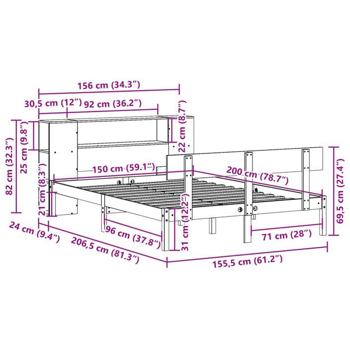 Lit bibliothèque sans matelas blanc 150x200 cm bois pin massif - Photo n°11