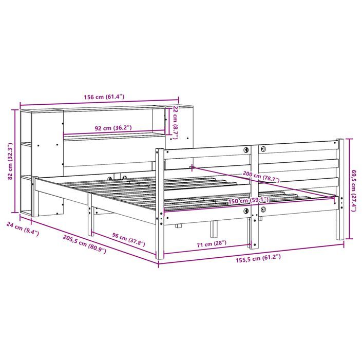 Lit bibliothèque sans matelas blanc 150x200 cm bois pin massif - Photo n°11