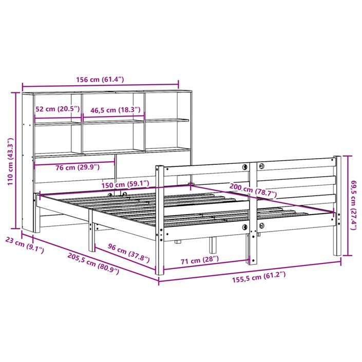 Lit bibliothèque sans matelas blanc 150x200 cm bois pin massif - Photo n°11