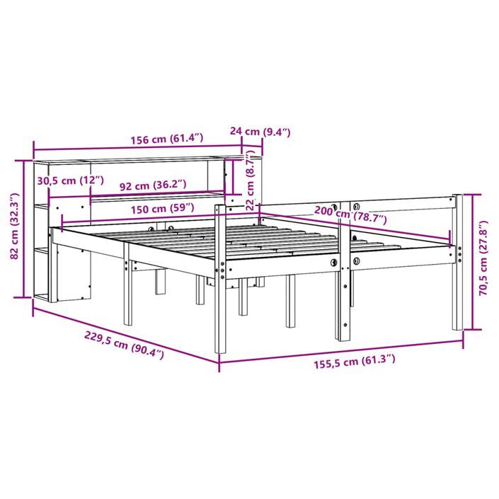 Lit bibliothèque sans matelas blanc 150x200 cm bois pin massif - Photo n°12