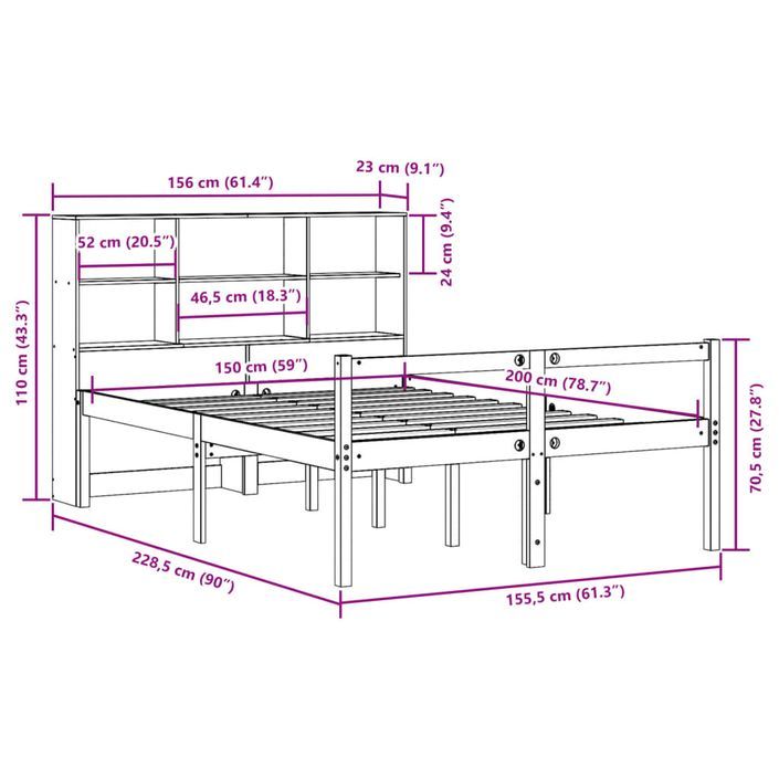 Lit bibliothèque sans matelas blanc 150x200 cm bois pin massif - Photo n°12