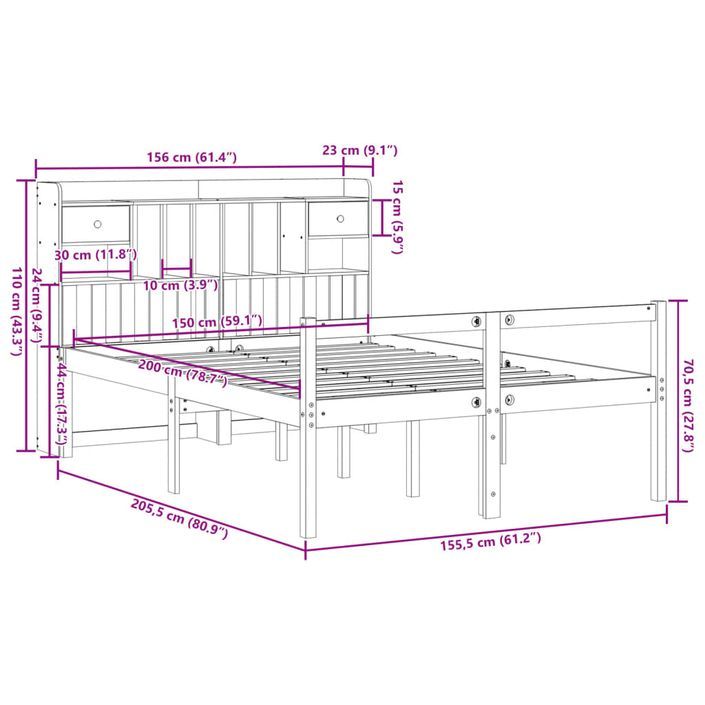 Lit bibliothèque sans matelas blanc 150x200 cm bois pin massif - Photo n°11