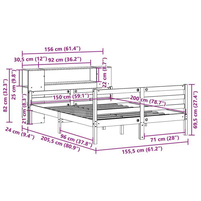 Lit bibliothèque sans matelas blanc 150x200 cm bois pin massif - Photo n°11