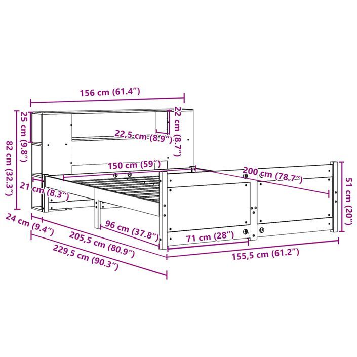 Lit bibliothèque sans matelas blanc 150x200 cm bois pin massif - Photo n°11