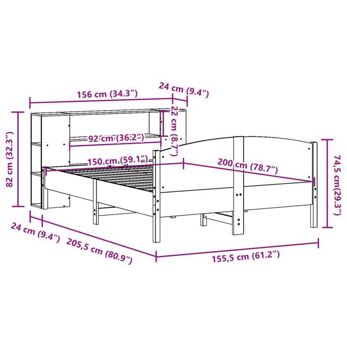 Lit bibliothèque sans matelas blanc 150x200 cm bois pin massif - Photo n°12