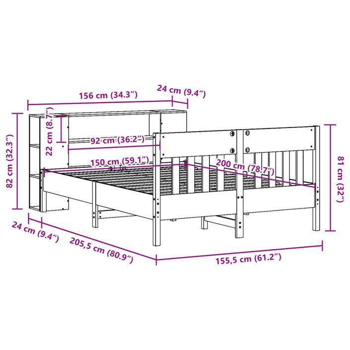 Lit bibliothèque sans matelas blanc 150x200 cm bois pin massif - Photo n°12