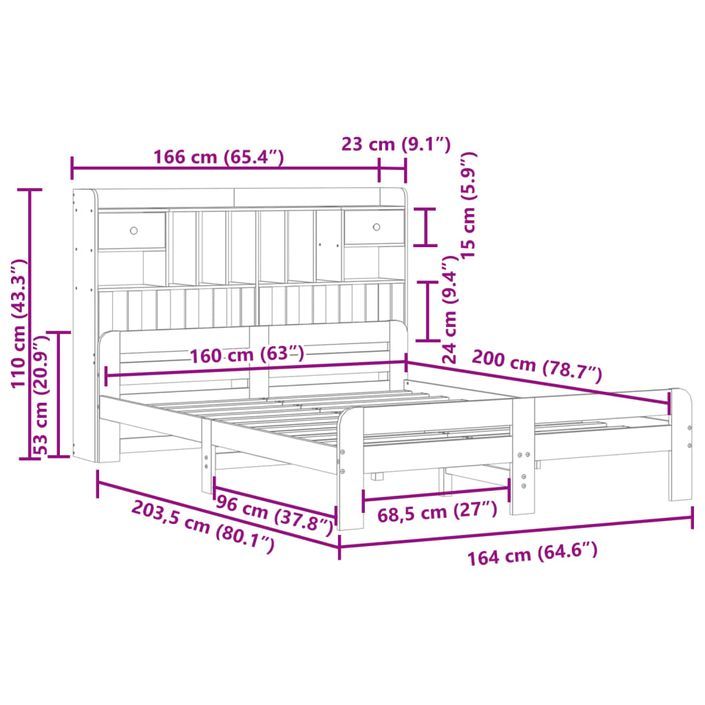 Lit bibliothèque sans matelas blanc 160x200 cm bois pin massif - Photo n°11