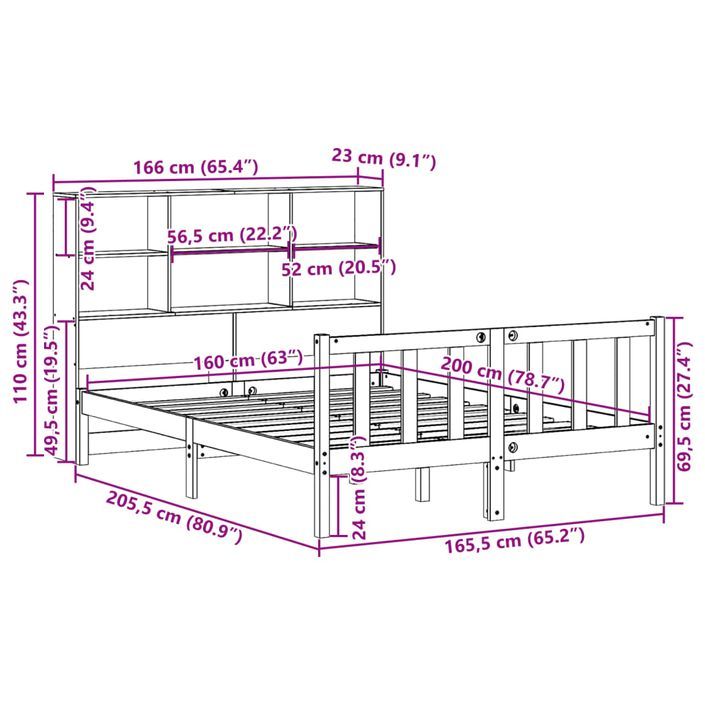 Lit bibliothèque sans matelas blanc 160x200 cm bois pin massif - Photo n°11