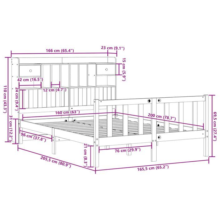 Lit bibliothèque sans matelas blanc 160x200 cm bois pin massif - Photo n°11