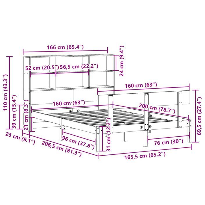 Lit bibliothèque sans matelas blanc 160x200 cm bois pin massif - Photo n°11