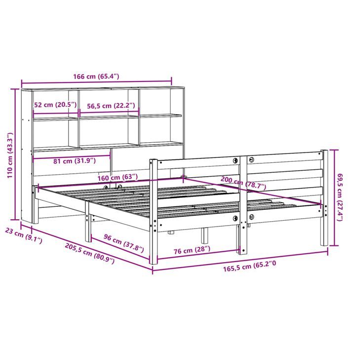 Lit bibliothèque sans matelas blanc 160x200 cm bois pin massif - Photo n°11