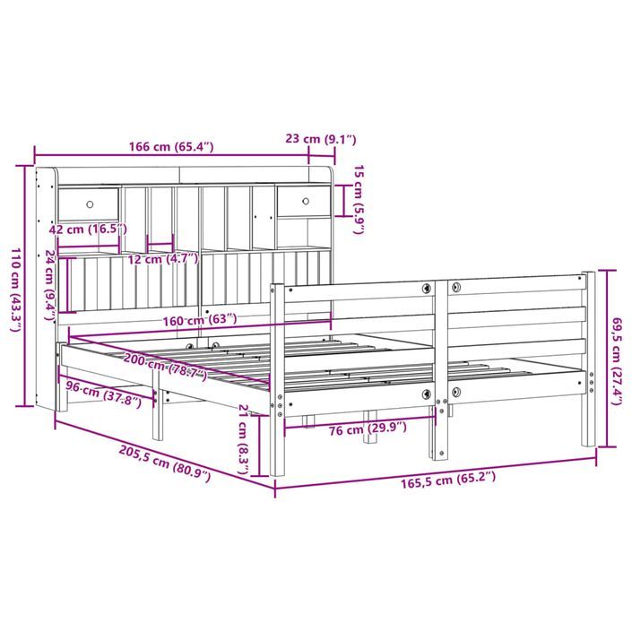 Lit bibliothèque sans matelas blanc 160x200 cm bois pin massif - Photo n°11