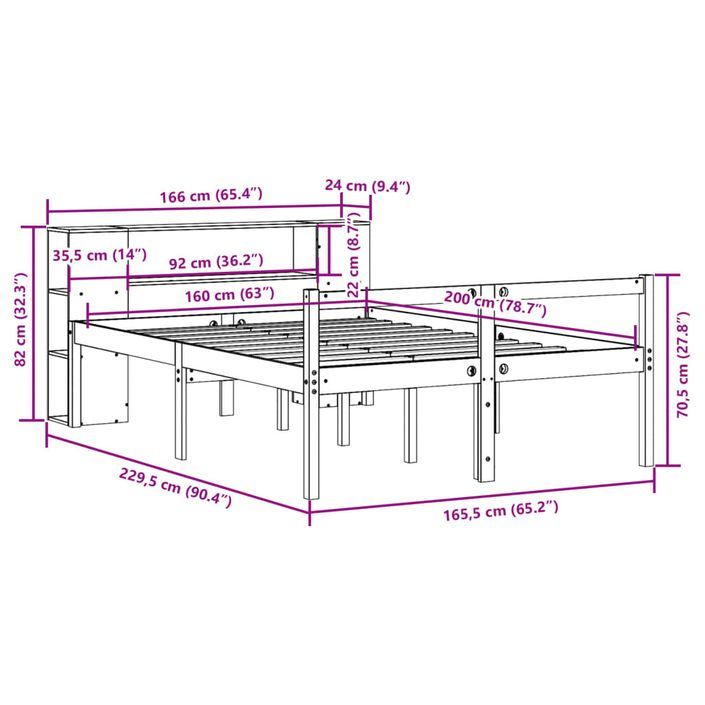 Lit bibliothèque sans matelas blanc 160x200 cm bois pin massif - Photo n°12