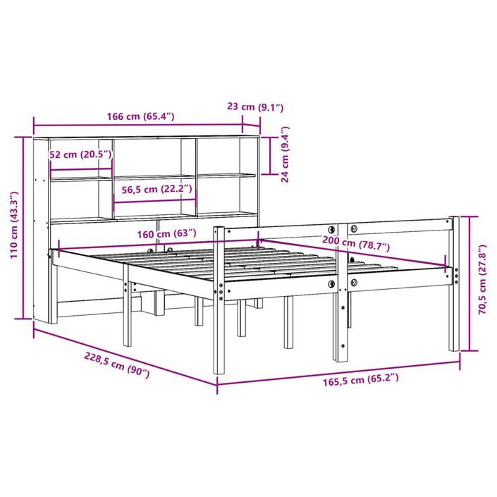 Lit bibliothèque sans matelas blanc 160x200 cm bois pin massif - Photo n°12