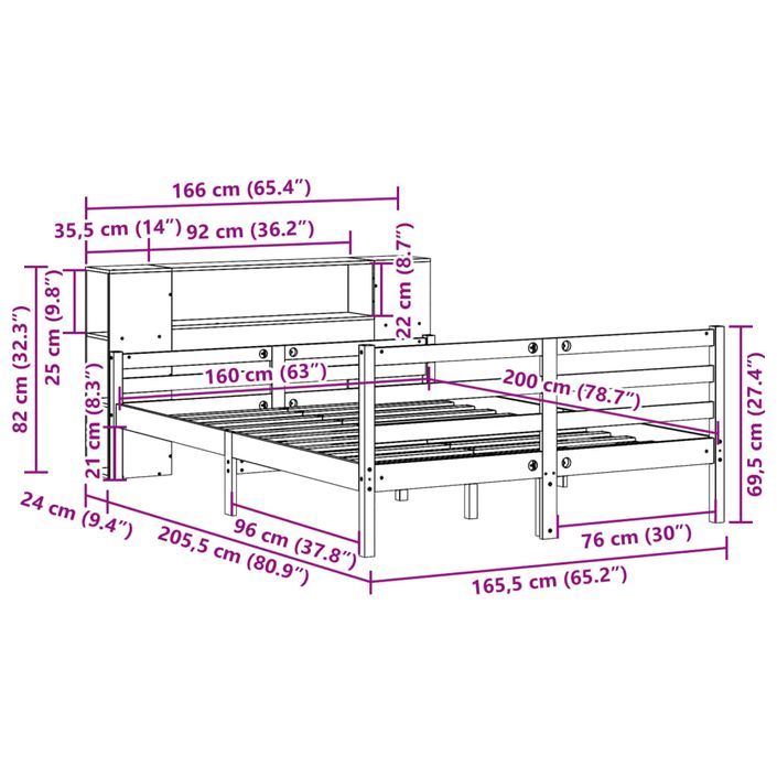 Lit bibliothèque sans matelas blanc 160x200 cm bois pin massif - Photo n°11