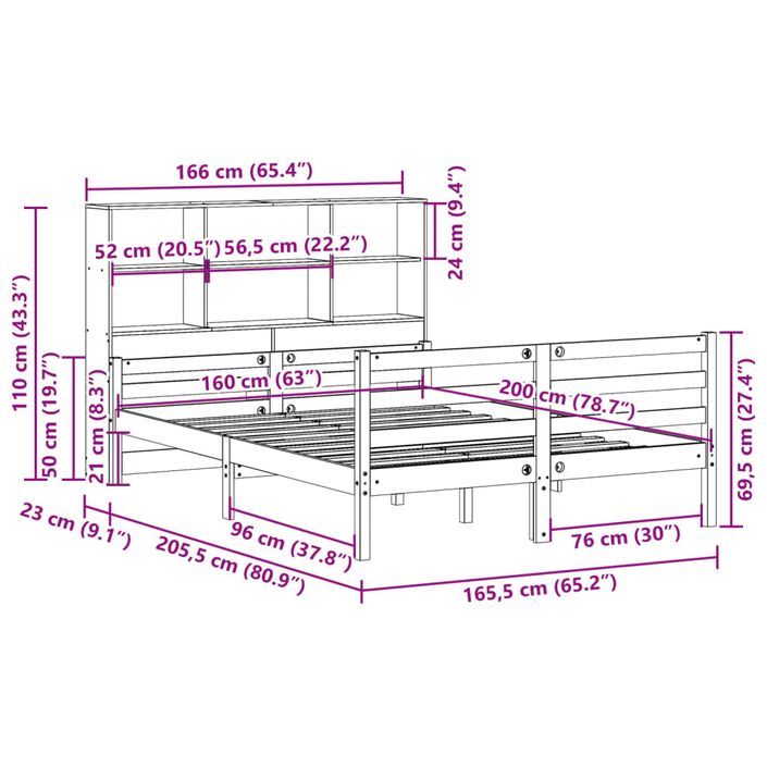 Lit bibliothèque sans matelas blanc 160x200 cm bois pin massif - Photo n°11