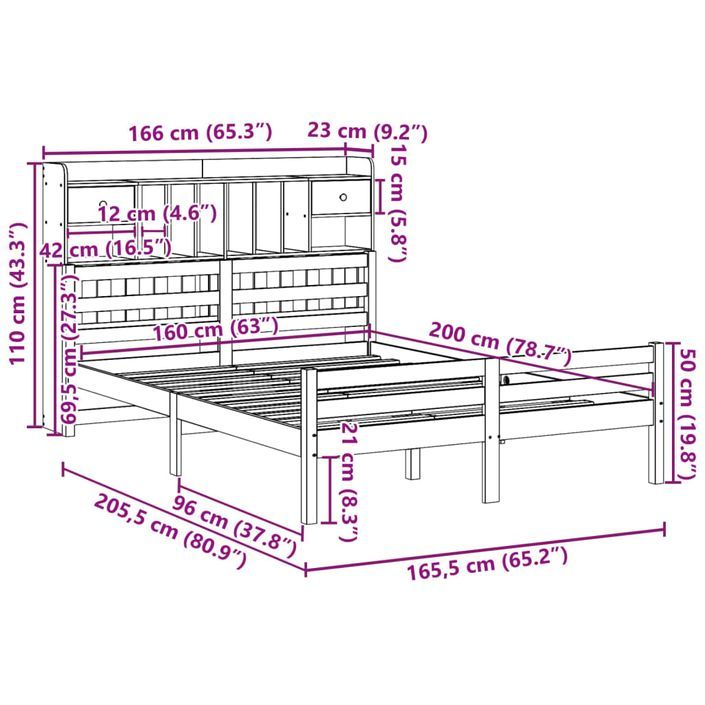 Lit bibliothèque sans matelas blanc 160x200 cm bois pin massif - Photo n°11