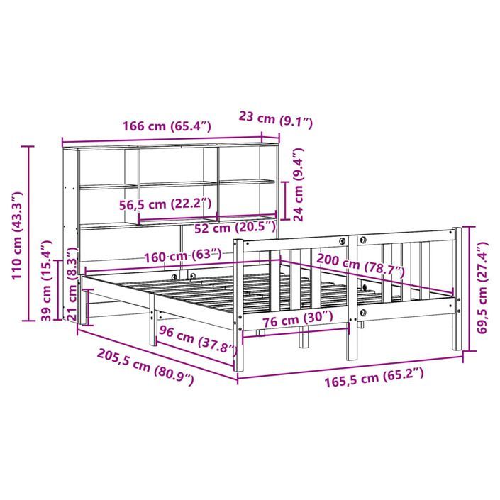 Lit bibliothèque sans matelas blanc 160x200 cm bois pin massif - Photo n°11