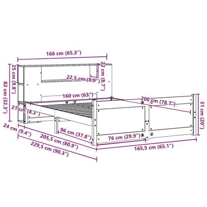 Lit bibliothèque sans matelas blanc 160x200 cm bois pin massif - Photo n°11