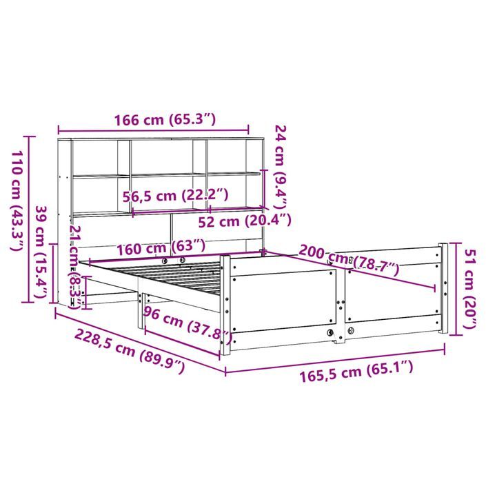 Lit bibliothèque sans matelas blanc 160x200 cm bois pin massif - Photo n°11