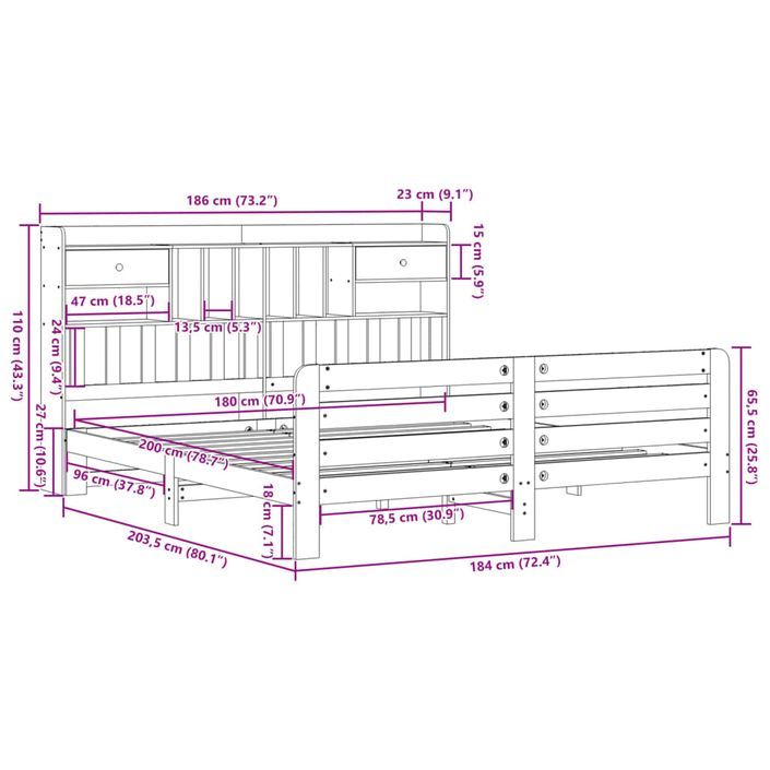 Lit bibliothèque sans matelas blanc 180x200 cm bois pin massif - Photo n°11