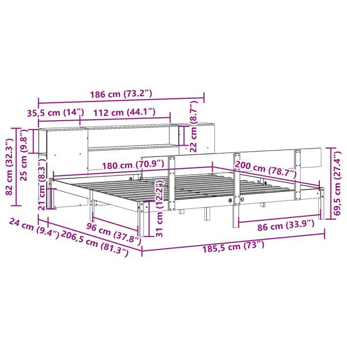 Lit bibliothèque sans matelas blanc 180x200 cm bois pin massif - Photo n°11