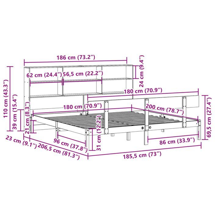 Lit bibliothèque sans matelas blanc 180x200 cm bois pin massif - Photo n°11