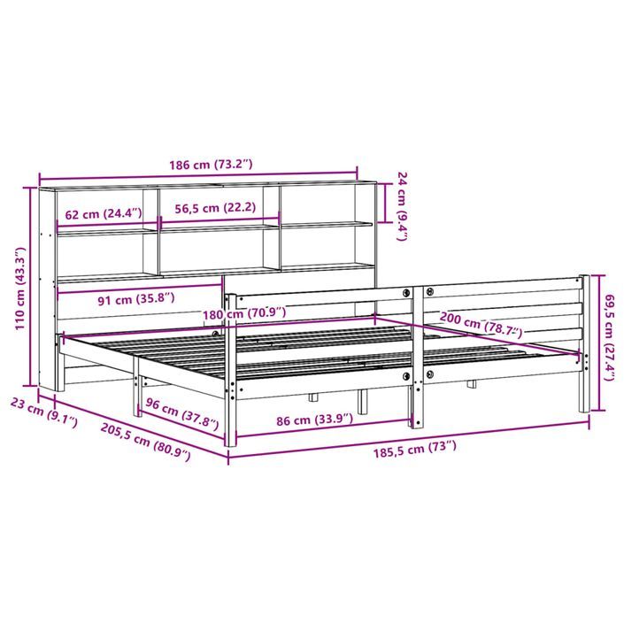 Lit bibliothèque sans matelas blanc 180x200 cm bois pin massif - Photo n°11