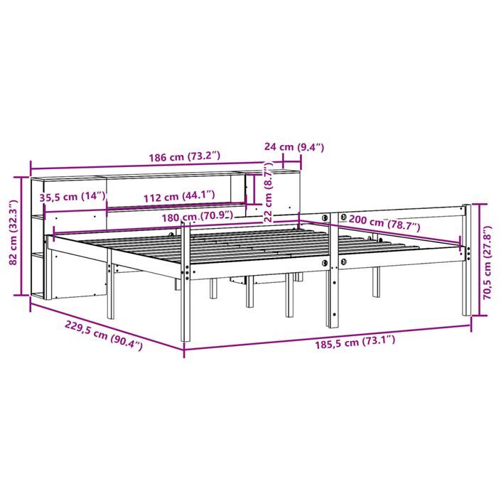 Lit bibliothèque sans matelas blanc 180x200 cm bois pin massif - Photo n°12