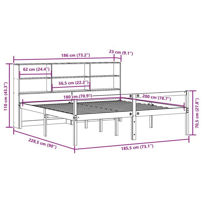 Lit bibliothèque sans matelas blanc 180x200 cm bois pin massif - Photo n°12