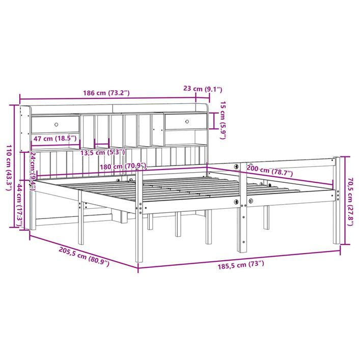 Lit bibliothèque sans matelas blanc 180x200 cm bois pin massif - Photo n°11