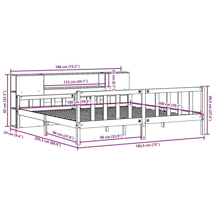 Lit bibliothèque sans matelas blanc 180x200 cm bois pin massif - Photo n°12