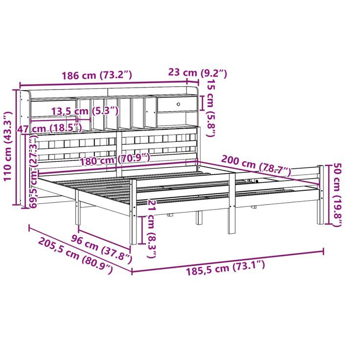 Lit bibliothèque sans matelas blanc 180x200 cm bois pin massif - Photo n°11